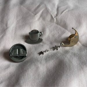 Vintage Pin Set – Cafe, Book, & Crescent Moon – Bundle of 3